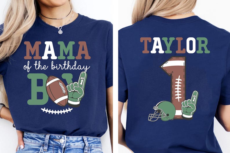a woman wearing a blue t-shirt with a graphic design featuring a football and the text "MAMA of the birthday BOY" printed on it.