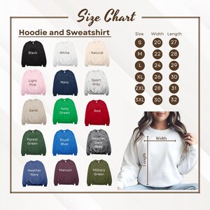 The image is a size chart for a hoodie and a sweatshirt, showing different color options and corresponding widths.