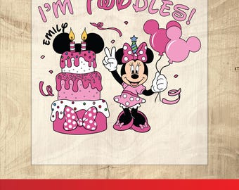 May include: A pink and white graphic featuring Minnie Mouse holding balloons and a birthday cake. Text reads "I'm Twoodles!" and "Emily". The image is a DTF transfer, ready for press.