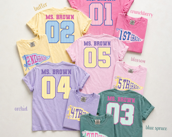 Custom Teacher Shirt Comfort Colors Grade Level Pennant Front Back Classroom Tee Gift