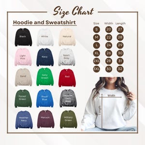 The image is a size chart for a hoodie and a sweatshirt, showing different color options and corresponding widths.