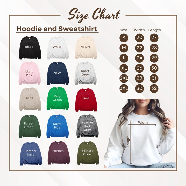 The image is a size chart for a hoodie and a sweatshirt, showing different color options and corresponding widths.