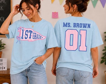 Personalized Comfort Colors First Grade Teacher Shirt Front Back Jersey Name Tee