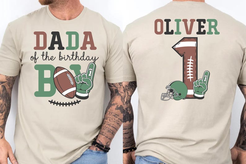 a man wearing a t-shirt with a design that says "DADA of the birthday BOY" and includes a football and a helmet.