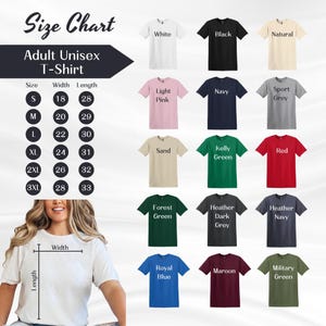 The image is a size chart for adult unisex t-shirts, displaying various sizes and corresponding t-shirt designs.
