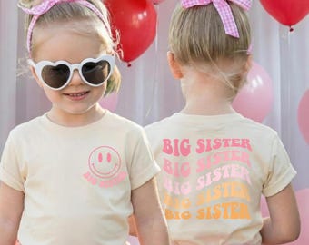 Big Sister Tee Matching Family Sibling Shirt Lil Sis Baby Bodysuit Retro Smiley Wavy