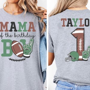 The image is a collage of two photos of a woman wearing a grey t-shirt with a graphic design. The design features a football and the text "MAMA of the birthday B" along with the number "1" and the text "TAYLOR" on the back of the shirt.