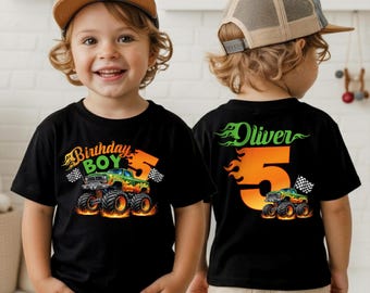 Monster Truck Birthday Shirt Boy Custom Name Age Five Racing Kids Graphic Tee