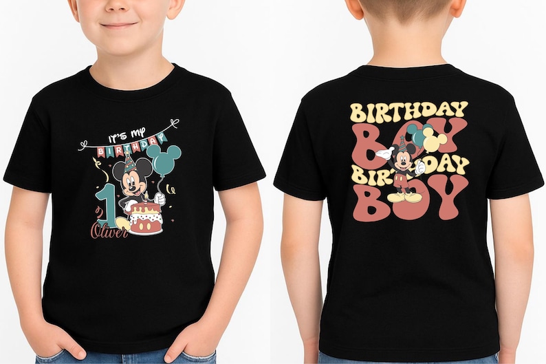 A black t-shirt with a Mickey Mouse design and text on the front and back.
