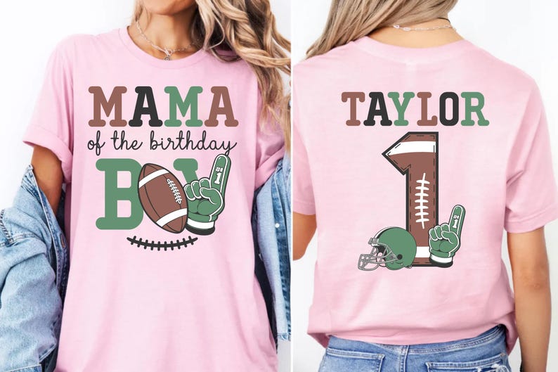 two different views of a pink t-shirt with a graphic design featuring a football and the text "MAMA of the birthday B1".