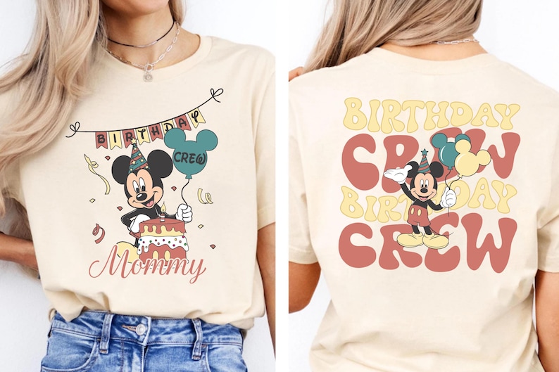 a woman wearing a white t-shirt with a cartoon character and text related to a birthday celebration.
