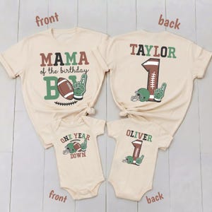 a collection of t-shirts with personalized designs, likely for a family or group of friends. The t-shirts feature various sports-related graphics, such as a football and a baseball, along with the names "Mama" and "Olivier" printed on them. The t-shirts are arranged in a way that allows for easy comparison and viewing of the front and back designs.