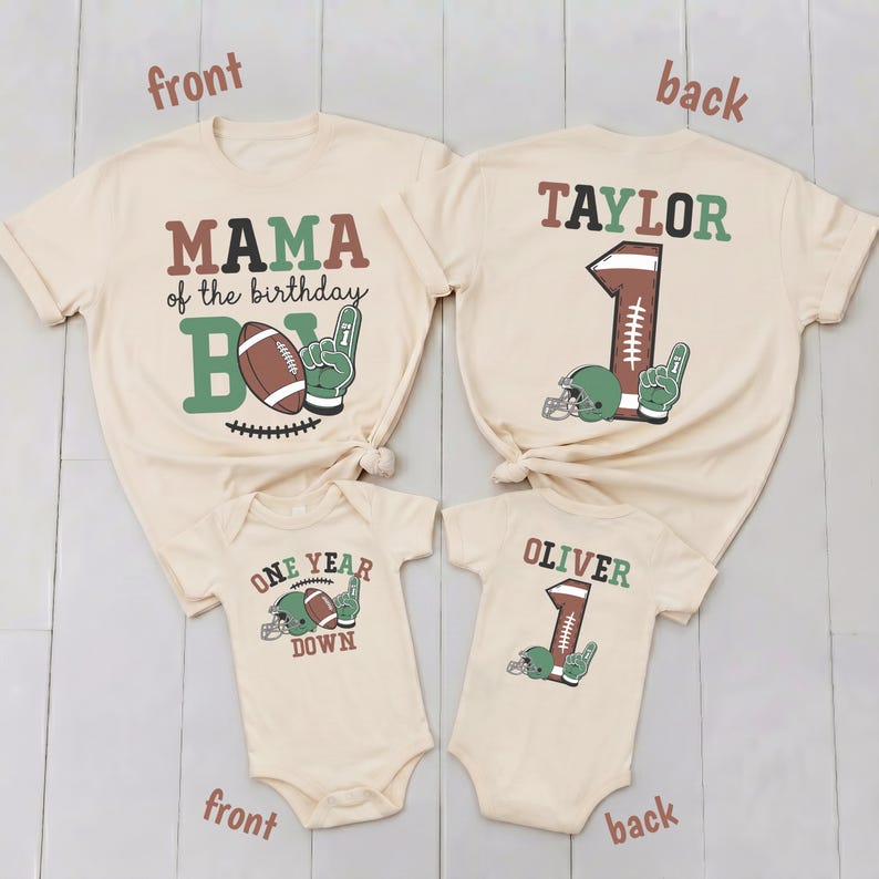 a collection of t-shirts with personalized designs, likely for a family or group of friends. The t-shirts feature various sports-related graphics, such as a football and a baseball, along with the names "Mama" and "Olivier" printed on them. The t-shirts are arranged in a way that allows for easy comparison and viewing of the front and back designs.