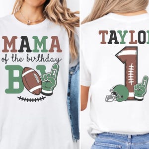 The image is a collage of two photos of a woman wearing a white t-shirt with a graphic design featuring a football and the text "MAMA of the birthday BOY" and "TAYLOR 1" printed on it.