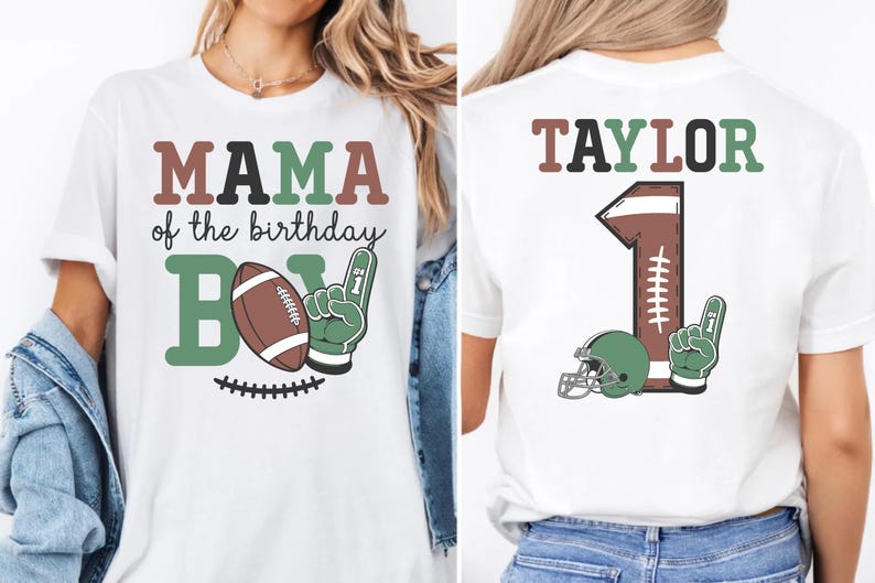 The image is a collage of two photos of a woman wearing a white t-shirt with a graphic design featuring a football and the text "MAMA of the birthday BOY" and "TAYLOR 1" printed on it.