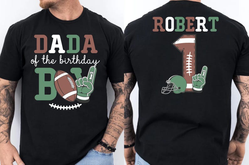 A black t-shirt with a graphic design featuring a football and the text "DADA of the birthday B1" printed on it.