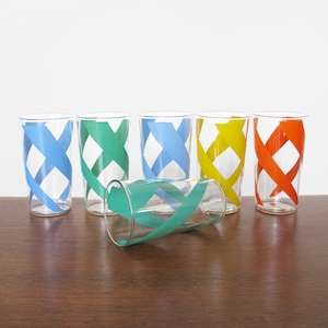 Set of 6 Retro Tumbler Glasses with Multicolored Swirly Stripes Vintage