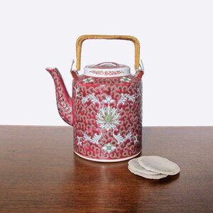 Vintage Chinese Mun Shou Teapot with Rattan Handle Raspberry Color