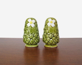 Vintage Salt and Pepper Shakers Olive Green Dogwood Flower Mid Century Ceramic