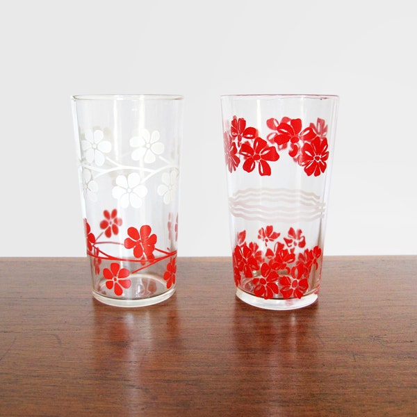 Pair of Mid Century Jelly Jar Tumbler Glasses with Red and White Flower Patterns