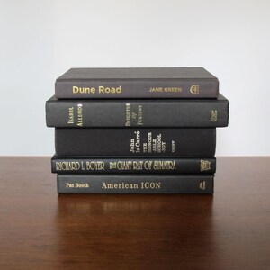 May include: A stack of six black hardback books with gold lettering on the spines. The titles are "Dune Road", "Daughter of Fortune", "The Honour School", "The Giant Rat of Sumatra", and "American Icon".