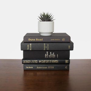 May include: A stack of black hardback books with gold lettering on the spines. The books are arranged in a descending order of size, with the largest book at the bottom and the smallest book at the top. The top book is titled "Dune Road" by Jane Green. The second book from the top is titled "Daughter of Fortune" by Isabel Allende. The third book from the top is titled "The Giant Rat of Sumatra" by Richard L. Boyer. The fourth book from the top is titled "American Icon" by Pat Booth. A small potted succulent plant sits on top of the stack of books.