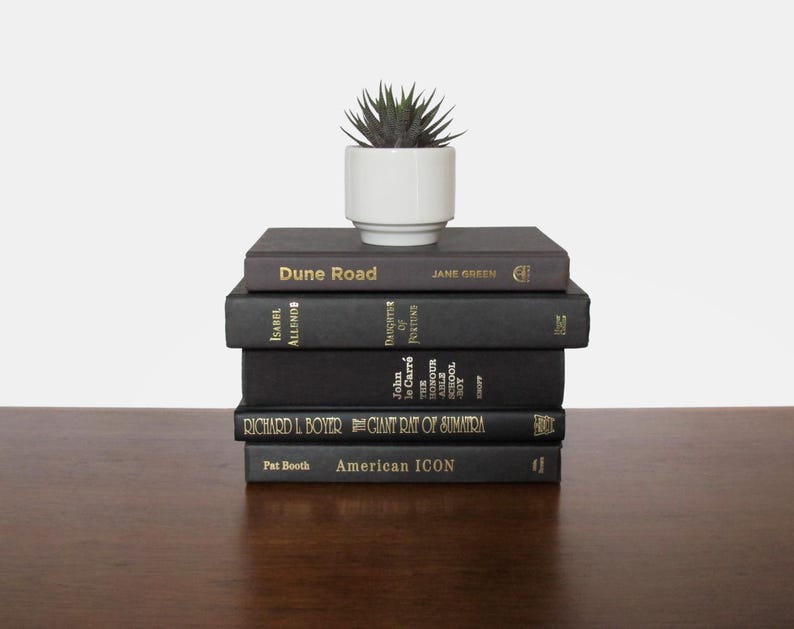 May include: A stack of black hardback books with gold lettering on the spines. The books are arranged in a descending order of size, with the largest book at the bottom and the smallest book at the top. The top book is titled "Dune Road" by Jane Green. The second book from the top is titled "Daughter of Fortune" by Isabel Allende. The third book from the top is titled "The Giant Rat of Sumatra" by Richard L. Boyer. The fourth book from the top is titled "American Icon" by Pat Booth. A small potted succulent plant sits on top of the stack of books.