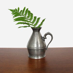May include: A small, antique pewter pitcher with a curved handle, holding a vibrant green fern. The pitcher has a classic design with a flared base and a narrow neck. The fern adds a touch of natural beauty to the composition.