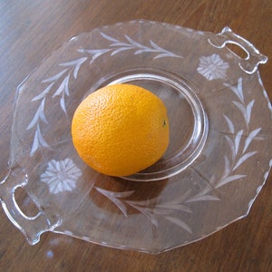 Pink Depression Plate with Handles and Etched Floral Design Decagon Shape