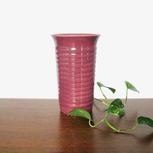 May include: A deep purple ceramic vase with a ribbed design. The vase is sitting on a wooden surface with a green plant in the foreground.
