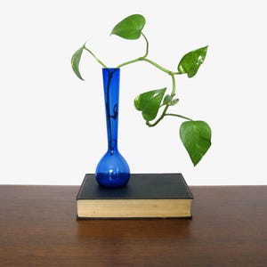 Tall Cobalt Glass Vase with Bulb Shape and Long Neck