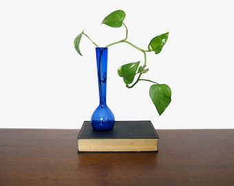 Tall Cobalt Blue Glass Vase with Bulb Shape and Long Neck