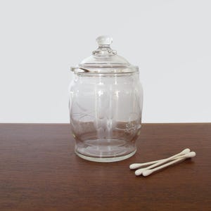 Etched Clear Glass Lidded Jar Condiments Toiletries Candy