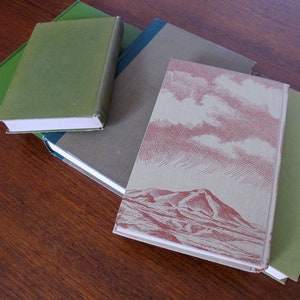 K&ouml;nnte beinhalten: Ein Stapel von vier B&uuml;chern mit gr&uuml;nen, braunen und beigefarbenen Einb&auml;nden. Das oberste Buch hat eine rote und wei&szlig;e Illustration einer Bergkette und Wolken.