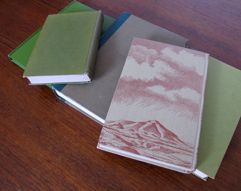 K&ouml;nnte beinhalten: Ein Stapel von vier B&uuml;chern mit gr&uuml;nen, braunen und beigefarbenen Einb&auml;nden. Das oberste Buch hat eine rote und wei&szlig;e Illustration einer Bergkette und Wolken.