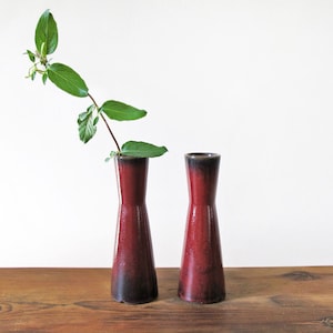 May include: Two red and black ceramic vases with a single green stem with leaves in one of the vases.
