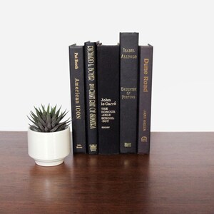 May include: A collection of six black hardback books with gold lettering on a dark brown wooden surface. The books are arranged vertically, with the tallest book in the centre. The titles of the books are "Dune Road", "Daughter of Fortune", "The Honour Able School-Boy", "Giant Rat of Sumatra", "American Icon", and "The Giant Rat of Sumatra".