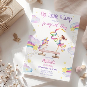 May include: A pink and white invitation card with a watercolor illustration of a unicorn and a girl doing gymnastics. The text on the card reads "Flip, Tumble & Jump Join Us For a Magical Day Let's celebrate Melissa's 5th Birthday SATURDAY, JULY 12 AT 3PM 223 Anywhere St. Any City, ST 12345 RSVP-123-456-7890".