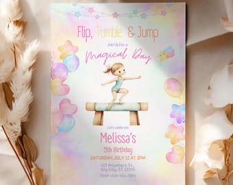 Gymnastics Birthday Invitation - Editable 6th Birthday Invite - Magical Rainbow Birthday Printable Invitation - Girls Birthday Template