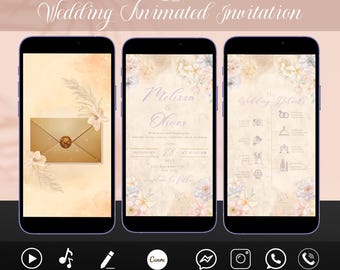 May include: A digital wedding invitation template with a floral design. The template is customizable and can be shared with guests. The text on the template reads "Melissa & Oliver" and includes the wedding date and time.