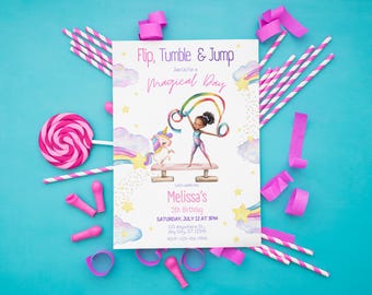 Gymnastics Birthday Invitation - Editable 6th Birthday Invite - Kids Party Invite - Girl Gymnastics Invitation Template