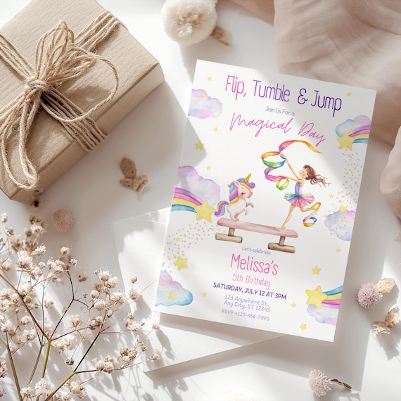 Gymnastics Birthday Invitation, Editable 6th Birthday Invite, Magical Birthday Girl Invitation Template, Kids Party Invite