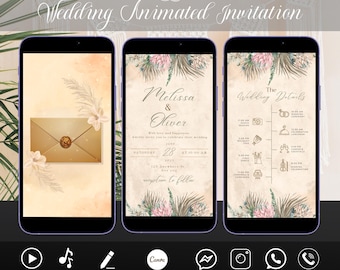 Boho Wedding Video Invitation, Editable Animated E-Invite, Digital Neutral Wedding Template with Envelope