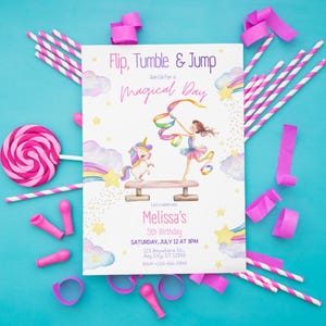 May include: A white invitation card with a pink, blue, and yellow unicorn and rainbow design. The text on the card reads "Flip, Tumble & Jump Join Us For A Magical Day Melissa's 5th Birthday Saturday, July 12 at 5PM 123 Anywhere, City, ST 12345 555-123-4567".
