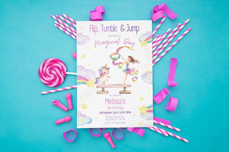 May include: A white invitation card with a pink, blue, and yellow unicorn and rainbow design. The text on the card reads "Flip, Tumble & Jump Join Us For A Magical Day Melissa's 5th Birthday Saturday, July 12 at 5PM 123 Anywhere, City, ST 12345 555-123-4567".