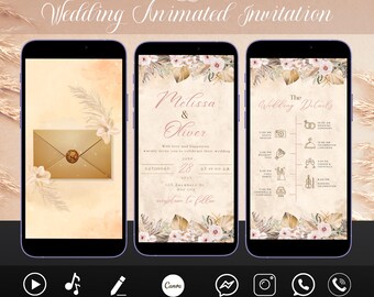 Boho Animated Wedding Invitation Video, Digital Wedding E-Invite, Editable Neutral Wedding Video with Envelope