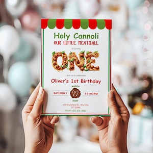 Convite de aniversário de almôndega | Convite de aniversário de 1 ano com espaguete | Festa temática italiana para impressão | Convite de cannoli sagrado editável
