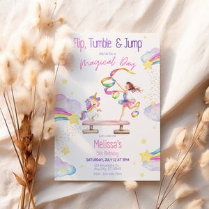May include: A colorful invitation for a girl's 5th birthday party. The invitation features a unicorn and a girl doing gymnastics on a balance beam. The text on the invitation reads "Flip, Tumble & Jump Join Us For a Magical Day Let's Celebrate Melissa's 5th Birthday Saturday, July 12 at 3PM 123 Anywhere St. Any City, ST 12345 RSVP-123-456-7000".