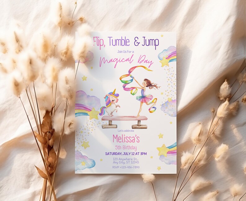 May include: A colorful invitation for a girl's 5th birthday party. The invitation features a unicorn and a girl doing gymnastics on a balance beam. The text on the invitation reads "Flip, Tumble & Jump Join Us For a Magical Day Let's Celebrate Melissa's 5th Birthday Saturday, July 12 at 3PM 123 Anywhere St. Any City, ST 12345 RSVP-123-456-7000".