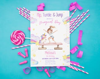 Gymnastics Birthday Invitation | Customizable 6th Birthday Girl Invitation Template | Editable Gymnastic Birthday Invite Girl Party